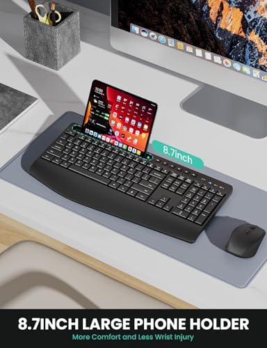 Ergonomic Wireless Keyboard and Mouse Combo LIZRROT 2 4GHz Silent Full Size Mouse and Keyboard Wrist Rest Phone Holder Compatible with Windows  PCs  Laptops