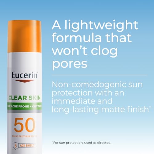 Eucerin Sun Clear Skin Face Sunscreen Lotion SPF 50 for Acne Prone and Oily Skin, Lightweight Sunscreen with Oil-Absorbing Minerals, Won't Cause Breakouts, Hypoallergenic, 2.5 Fl Oz Bottle
