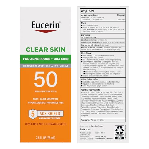 Eucerin Sun Clear Skin Face Sunscreen Lotion SPF 50 for Acne Prone and Oily Skin  Lightweight Sunscreen with Oil Absorbing Minerals  Wont Cause Breakouts  Hypoallergenic  2 5 Fl Oz Bottle