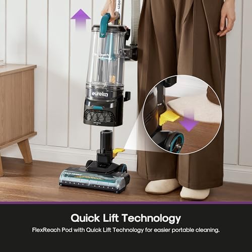 Eureka FlexReach Plus - Aspiradora vertical sin bolsa para el hogar, aspiradora de mascotas para alfombras y suelos duros, aspiradora elevadora con sensor de tipo piso, filtro HEPA, antienredos