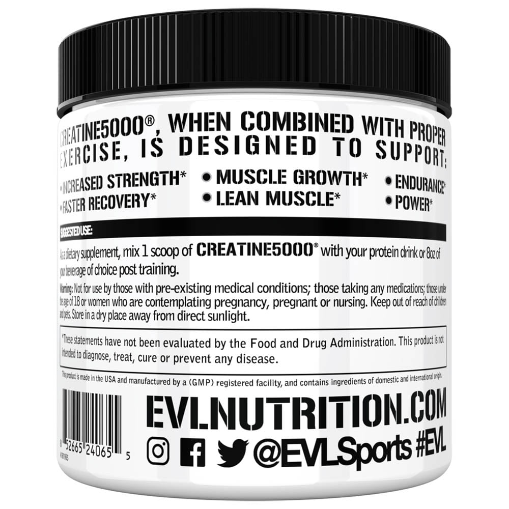 Evlution Nutrition Creatine 5000   Supports Faster Recovery  Lean Muscle Growth & Performance   Pre & Post Workout Powder   5000mg Pure Creatine Monohydrate Per Serving   60 Servings   Unflavored