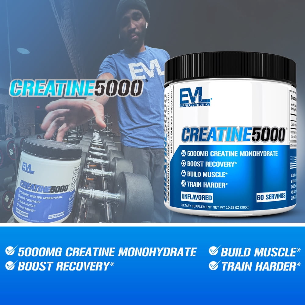 Evlution Nutrition Creatine 5000   Supports Faster Recovery  Lean Muscle Growth & Performance   Pre & Post Workout Powder   5000mg Pure Creatine Monohydrate Per Serving   60 Servings   Unflavored