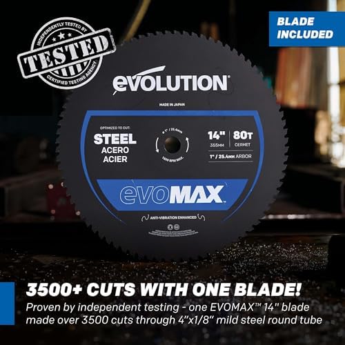 Evolution S14MCS 14 Mitering Chop Saw   Cold Cut Steel Cutting Saw   EVOMAX Intelligent Motor & Blade   3500  Cuts   Burr Free Cuts   Shadow Guide    / 46  Miter   Soft Start   Reinforced Base