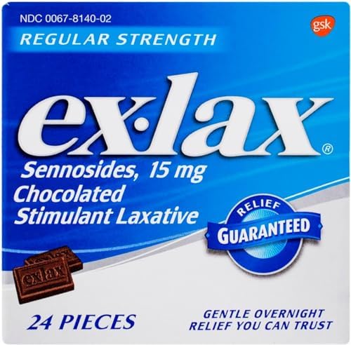 Ex Lax Regular Strength Stimulant Laxative  Sennosides 15 mg  Chocolated Laxative for Gentle Overnight Relief  24 Pieces  Pack of 2 