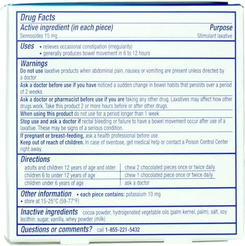 Ex Lax Regular Strength Stimulant Laxative  Sennosides 15 mg  Chocolated Laxative for Gentle Overnight Relief  24 Pieces  Pack of 2 