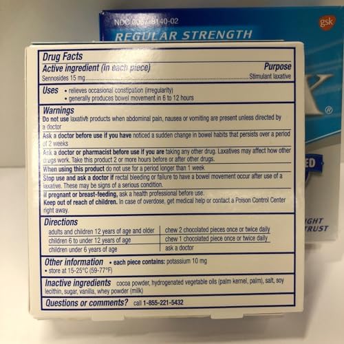 Ex Lax Regular Strength Stimulant Laxative  Sennosides 15 mg  Chocolated Laxative for Gentle Overnight Relief  24 Pieces  Pack of 2 