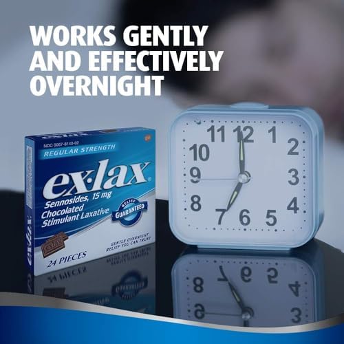Ex Lax Regular Strength Stimulant Laxative  Sennosides 15 mg  Chocolated Laxative for Gentle Overnight Relief  24 Pieces  Pack of 2 