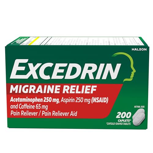 Excedrin Migraine Relief Caplets for Migraine Symptoms  Acetaminophen 250mg  Aspirin 250mg  Caffeine 65mg  Pain Reliever  200 count