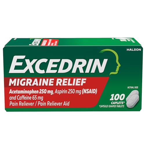 Excedrin Migraine Relief Caplets for Migraine Symptoms  Acetaminophen 250mg  Aspirin 250mg  Caffeine 65mg  Pain Reliever  100 Count