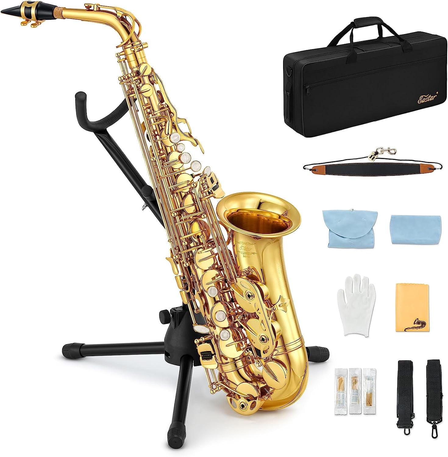 Extra Saving  50 Eastar Alto Saxophone with Stand E Flat Gold Lacquer Student Beginner Sax Full Kit School Band Orchestra Instruments AS II