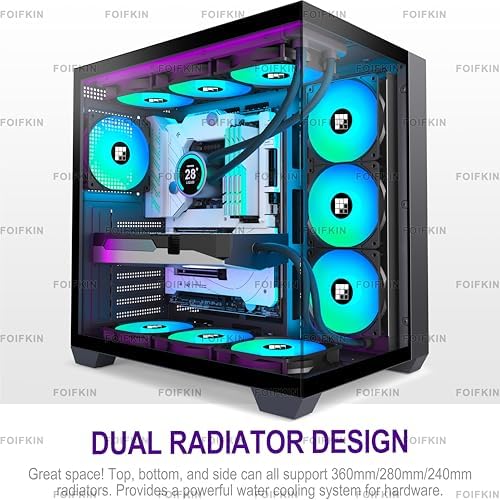 F600 PC Case   Pre Installed 7 PWM ARGB Fan  ATX Mid Tower Gaming PC Case  270  Panoramic Glass with Type C  FOIFKIN  Black  F600 