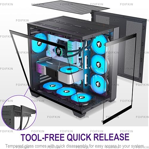 F600 PC Case   Pre Installed 7 PWM ARGB Fan  ATX Mid Tower Gaming PC Case  270  Panoramic Glass with Type C  FOIFKIN  Black  F600 