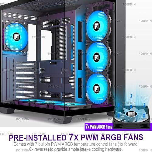 F600 PC Case   Pre Installed 7 PWM ARGB Fan  ATX Mid Tower Gaming PC Case  270  Panoramic Glass with Type C  FOIFKIN  Black  F600 