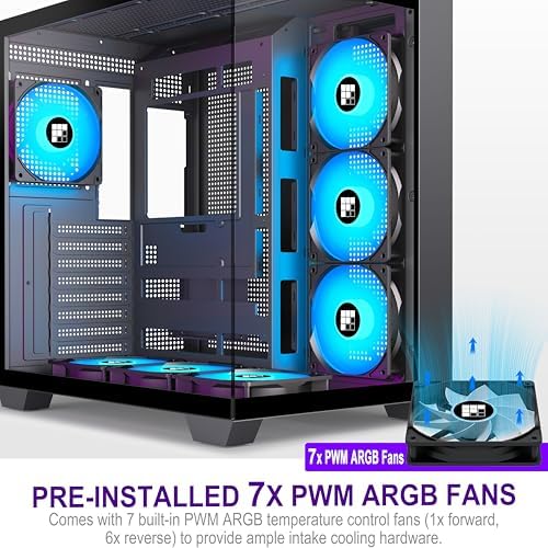 F600 PC Case   Pre Installed 7 PWM ARGB Fan  ATX Mid Tower Gaming PC Case  270  Panoramic Glass with Type C  FOIFKIN  Black  F600 