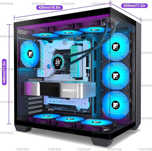 F600 PC Case   Pre Installed 7 PWM ARGB Fan  ATX Mid Tower Gaming PC Case  270  Panoramic Glass with Type C  FOIFKIN  Black  F600 