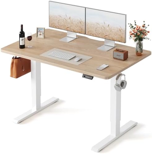FEZIBO Standing Desk  48   24 Inches Electric Height Adjustable  Sit and Stand Up  Computer Office Desk with Splice Board  White Frame/Maple TOP