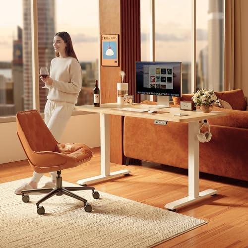 FEZIBO Standing Desk  48   24 Inches Electric Height Adjustable  Sit and Stand Up  Computer Office Desk with Splice Board  White Frame/Maple TOP