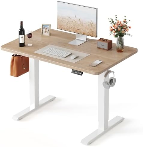 FEZIBO Standing Desk  48   24 Inches Electric Height Adjustable  Sit and Stand Up  Computer Office Desk with Splice Board  White Frame/Maple TOP