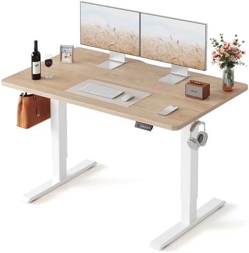FEZIBO Standing Desk  48   24 Inches Electric Height Adjustable  Sit and Stand Up  Computer Office Desk with Splice Board  White Frame/Maple TOP