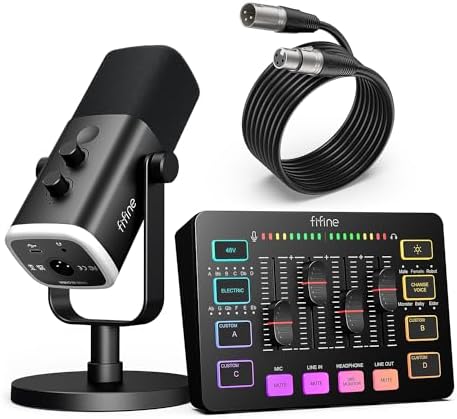 FIFINE Gaming Equipment Bundle  Dynamic XLR/USB Gaming Microphone Set with Streaming Audio Mixer for Podcast Recording Video Vocal  RGB Gamer Set with Volume Fader/XLR Interface for PC AmpliGame KS5