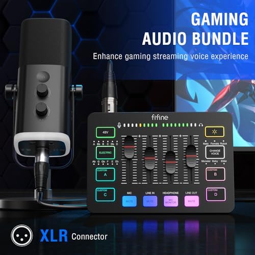 FIFINE Gaming Equipment Bundle  Dynamic XLR/USB Gaming Microphone Set with Streaming Audio Mixer for Podcast Recording Video Vocal  RGB Gamer Set with Volume Fader/XLR Interface for PC AmpliGame KS5