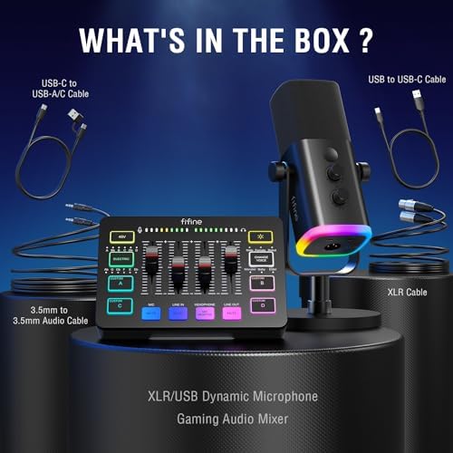 FIFINE Gaming Equipment Bundle  Dynamic XLR/USB Gaming Microphone Set with Streaming Audio Mixer for Podcast Recording Video Vocal  RGB Gamer Set with Volume Fader/XLR Interface for PC AmpliGame KS5