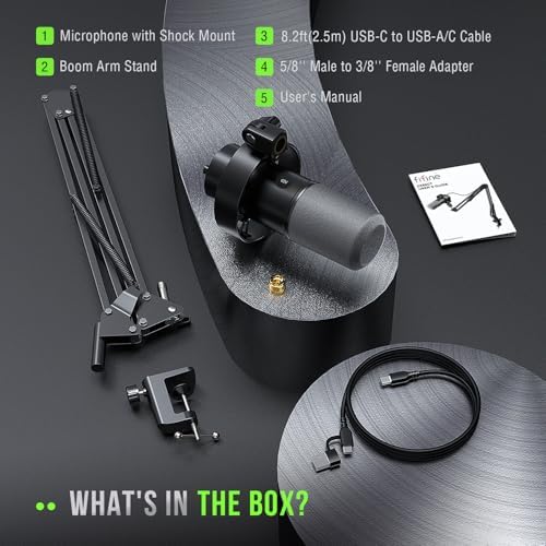 FIFINE - Kit de micrófono de podcast K688, micrófono dinámico USB/XLR con brazo articulado para PC/mezclador XLR, micrófono para juegos con botón de silencio, conector para auriculares para voz, voz