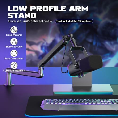 FIFINE Microphone Boom Arm  Low Profile Adjustable Stick Microphone Arm Stand with Desk Mount Clamp  Screw Adapter  Cable Management  for Podcast Streaming Gaming Studio BM88