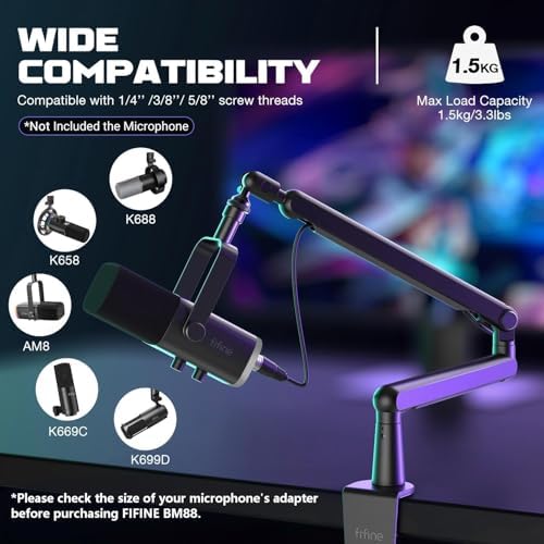 FIFINE Microphone Boom Arm  Low Profile Adjustable Stick Microphone Arm Stand with Desk Mount Clamp  Screw Adapter  Cable Management  for Podcast Streaming Gaming Studio BM88