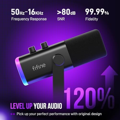 FIFINE USB/XLR Dynamic Microphone for Podcast Recording  PC Computer Gaming Streaming Mic with RGB Light  Mute Button  Headphones Jack  Desktop Stand  Vocal Mic for Singing YouTube AmpliGame AM8