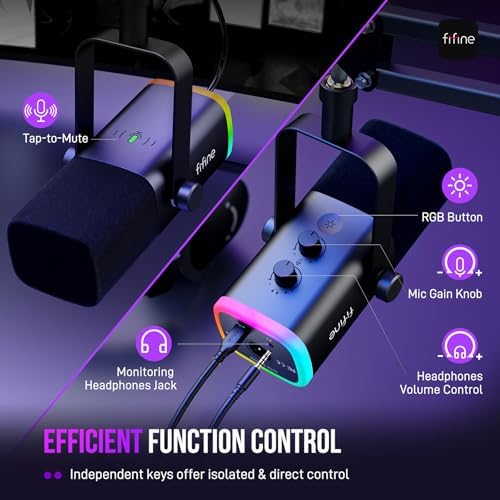 FIFINE XLR/USB Gaming Microphone Set  Dynamic PC Mic for Streaming Podcasting  Computer RGB Mic Kit with Boom Arm Stand  Mute Button  Headphones Jack  for Recording Vocal Voice Over AmpliGame AM8T