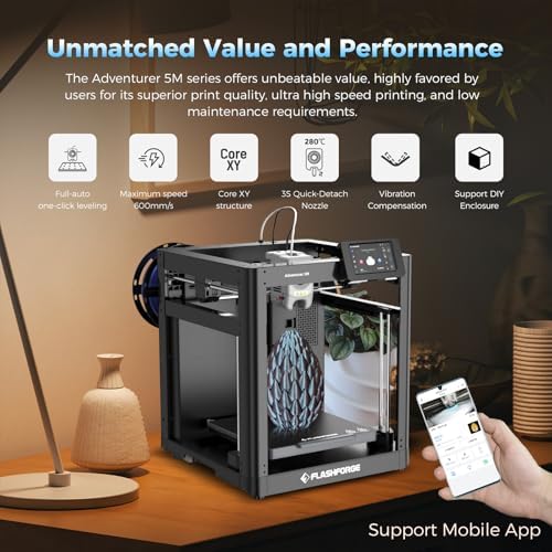 FLASHFORGE Adventurer 5M 3D Printer with Fully Auto Leveling  Max 600mm/s High Speed Printing  280 C Direct Extruder with 3S Detachable Nozzle  CoreXY All Metal Structure  Print Size 220x220x220mm