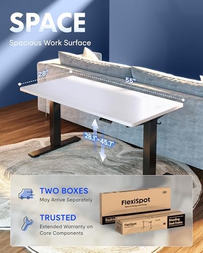 FLEXISPOT EN1 One Piece Standing Desk  Electric Adjustable with 4 Memory Presets  176 LBS Capacity  Stable & Quiet  Seamless Desktop for Home Office & Dual Monitors  55x28 White