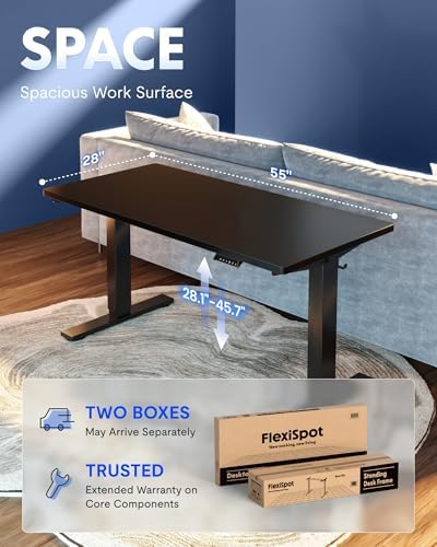 FLEXISPOT EN1 One Piece Standing Desk  Electric Adjustable with 4 Memory Presets  176 LBS Capacity  Stable & Quiet  Seamless Desktop for Home Office & Dual Monitors  55x28 Black