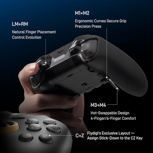 FLYDIGI Vader 5 Pro PC Controller  FORCEFLEX Joysticks  3ms Ultra Low Latency  FORCESWITCH Triggers  8 Extra Buttons  Triggers & Grips Vibration  1000mAh Battery  PC/NS/Android/TV