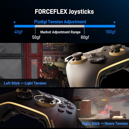 FLYDIGI Vader 5 Pro PC Controller  FORCEFLEX Joysticks  3ms Ultra Low Latency  FORCESWITCH Triggers  8 Extra Buttons  Triggers & Grips Vibration  1000mAh Battery  PC/NS/Android/TV