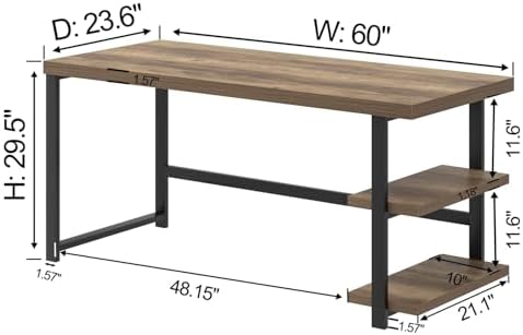FOLUBAN 60 Inch Home Office Desk  Large Computer Desk with Storage Shelves  Modern Wood and Metal Writing Study Gaming Table Workstation for Living Room  Rustic Oak