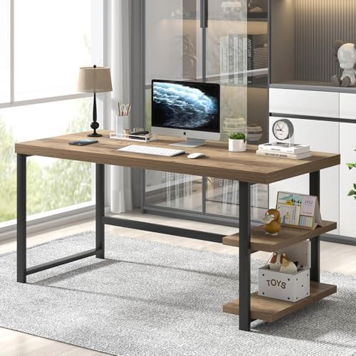 FOLUBAN 60 Inch Home Office Desk  Large Computer Desk with Storage Shelves  Modern Wood and Metal Writing Study Gaming Table Workstation for Living Room  Rustic Oak
