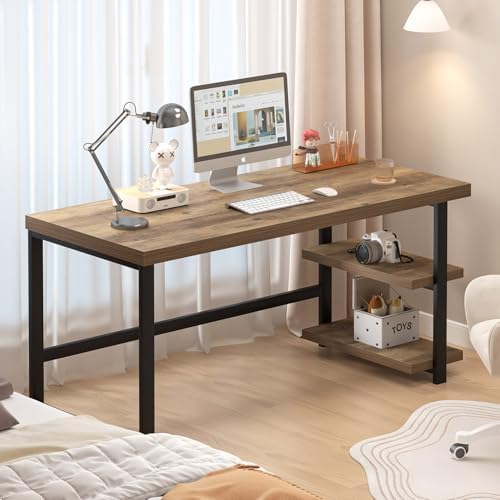 FOLUBAN 60 Inch Home Office Desk  Large Computer Desk with Storage Shelves  Modern Wood and Metal Writing Study Gaming Table Workstation for Living Room  Rustic Oak