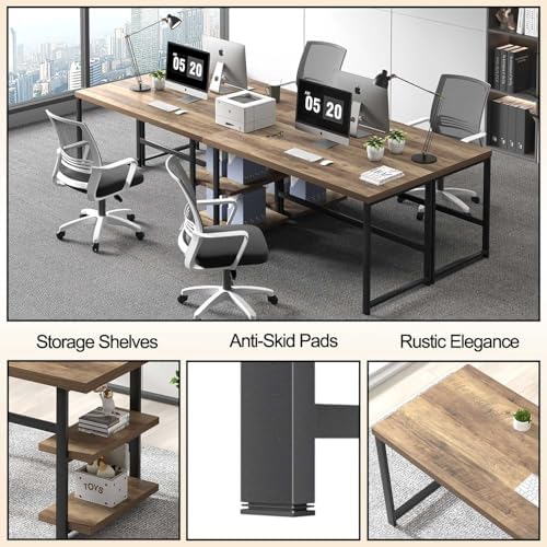 FOLUBAN 60 Inch Home Office Desk  Large Computer Desk with Storage Shelves  Modern Wood and Metal Writing Study Gaming Table Workstation for Living Room  Rustic Oak