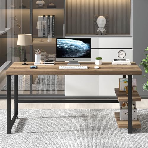 FOLUBAN 60 Inch Home Office Desk  Large Computer Desk with Storage Shelves  Modern Wood and Metal Writing Study Gaming Table Workstation for Living Room  Rustic Oak