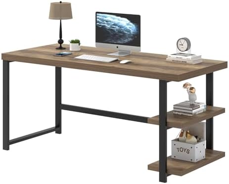 FOLUBAN 60 Inch Home Office Desk  Large Computer Desk with Storage Shelves  Modern Wood and Metal Writing Study Gaming Table Workstation for Living Room  Rustic Oak
