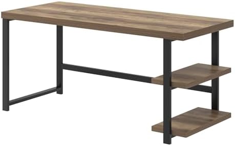 FOLUBAN 60 Inch Home Office Desk  Large Computer Desk with Storage Shelves  Modern Wood and Metal Writing Study Gaming Table Workstation for Living Room  Rustic Oak