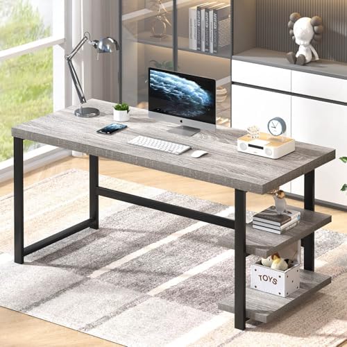 FOLUBAN 60 Inch Home Office Desk  Large Computer Desk with Storage Shelves  Modern Wood and Metal Writing Study Gaming Table Workstation for Living Room  Rustic Oak