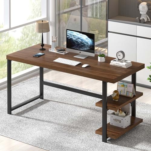 FOLUBAN 60 Inch Home Office Desk  Large Computer Desk with Storage Shelves  Modern Wood and Metal Writing Study Gaming Table Workstation for Living Room  Rustic Oak
