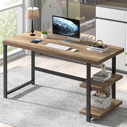 FOLUBAN Computer Desk  Modern Home Office Desk with Storage Shelves  Writing Study Gaming Table for Living Room Bedroom  Rustic Oak  53 Inch
