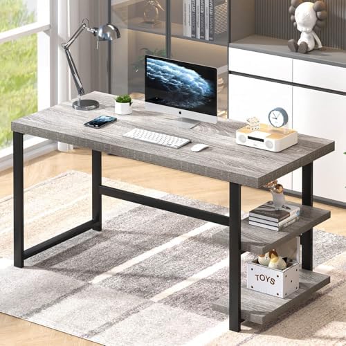 FOLUBAN Computer Desk  Modern Home Office Desk with Storage Shelves  Writing Study Gaming Table for Living Room Bedroom  Rustic Oak  53 Inch