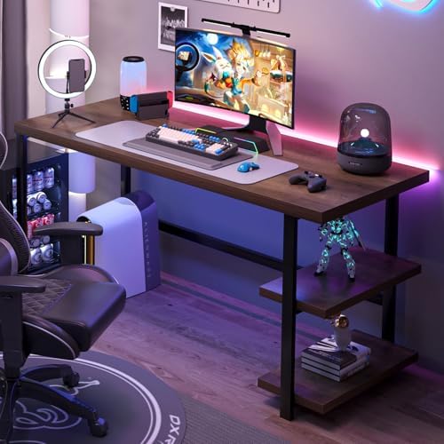 FOLUBAN Computer Desk  Modern Home Office Desk with Storage Shelves  Writing Study Gaming Table for Living Room Bedroom  Rustic Oak  53 Inch