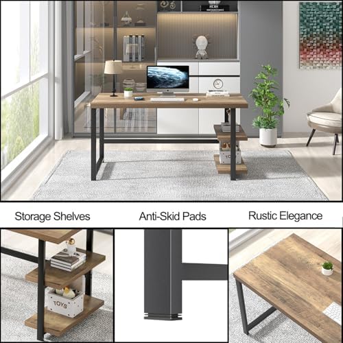 FOLUBAN Computer Desk  Modern Home Office Desk with Storage Shelves  Writing Study Gaming Table for Living Room Bedroom  Rustic Oak  53 Inch