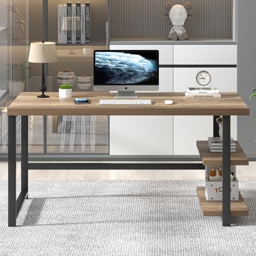 FOLUBAN Computer Desk  Modern Home Office Desk with Storage Shelves  Writing Study Gaming Table for Living Room Bedroom  Rustic Oak  53 Inch